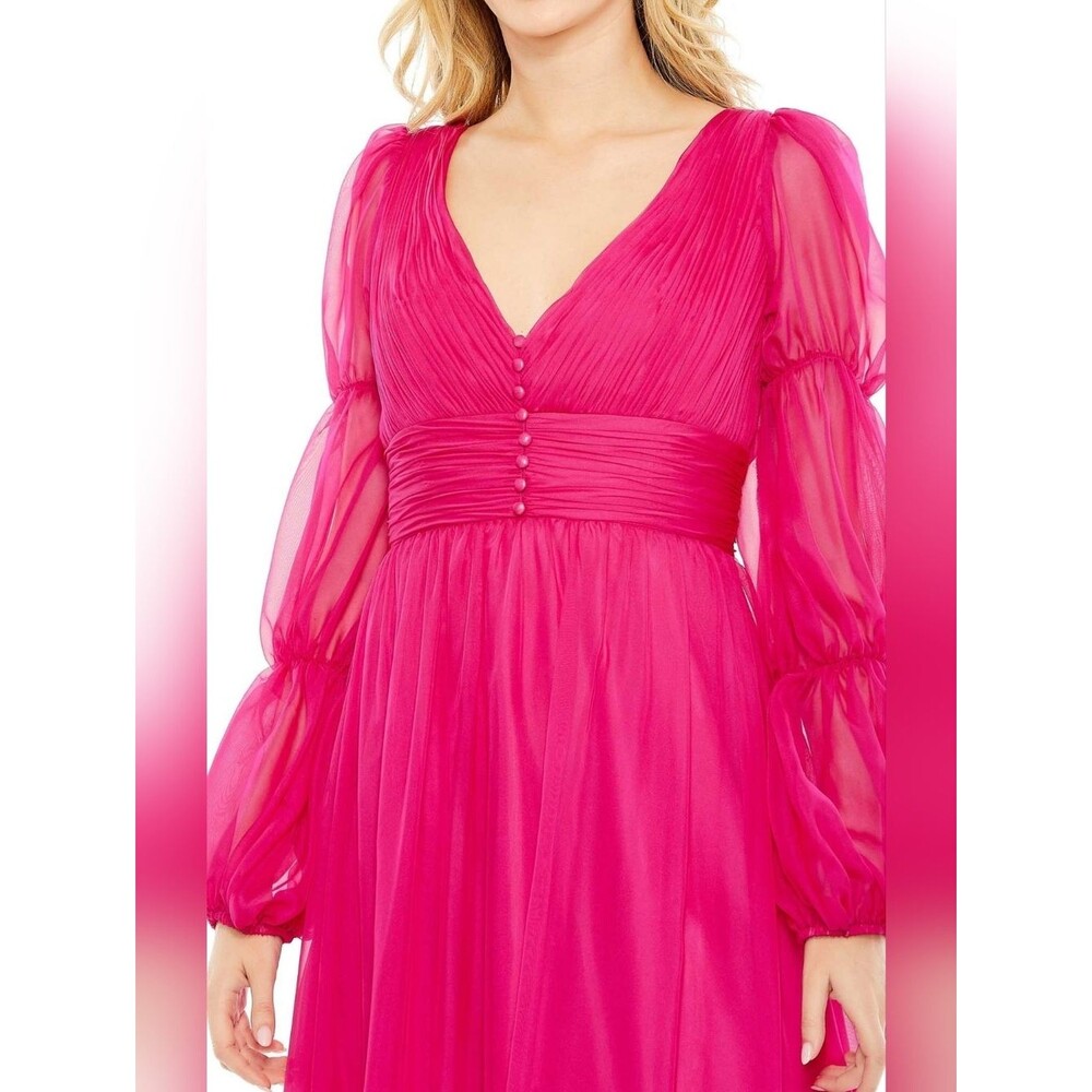 Mac Duggal Fuchsia Long Sleeve V-Neck Chiffon Gown